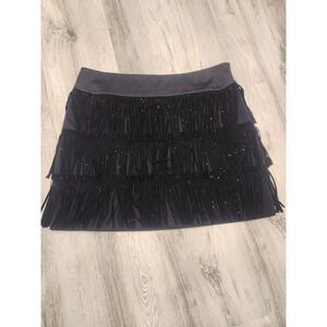 DKNY Faux Leather Fringe Skirt Rhinestone Studded Party Mini Skirt Black‎ Sz 14